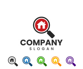Obraz premium Find House Logo. Search Property Logo Icon with Magnifying Glass Symbol,