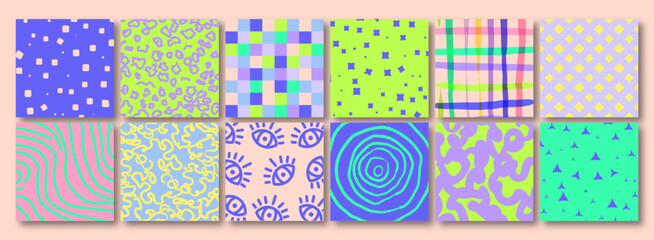 Retro Neon Groovy social media backgrounds. 70's, 80s Vibes. Trendy 90s, Y2k aesthetic. Abstract collage set Matisse inspired with scribbles curves. minimalist geometric silhouette composition.
