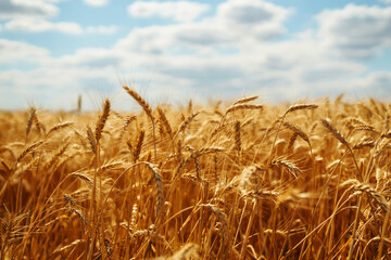 Wheat field. Ears of golden wheat close up.