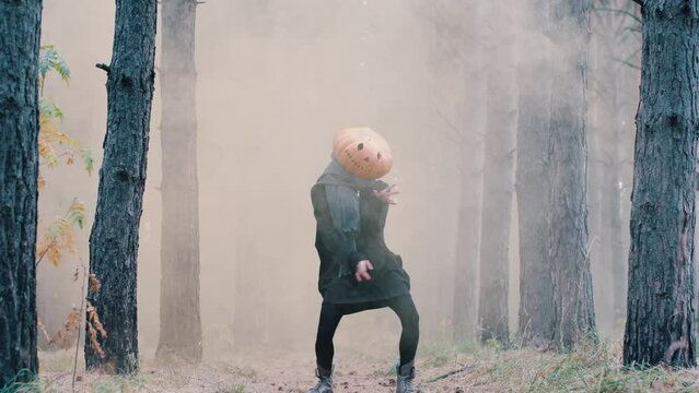 A funny girl in black clothes with a large pumpkin head dances in the orange smoke in the open air in the mystical forest. Halloween Concept