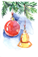 Two Christmas toys on a Christmas tree branch. Red glass ball, golden bell. New Year card. Hand painted watercolor post card illustration. Colorful light sketchy drawing on paper background