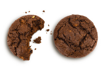 chocolate cookies broken isolated on white background with full depth of field. Top view. Flat lay