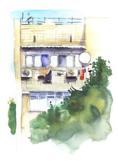 Daily life in old area. The windows of upper corner apartment multi-storey building. Antenna air conditioners to dry clothes. Green trees Hand painted watercolor sketch illustration. Colorful drawing