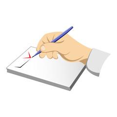 A hand with a pencil makes notes on a piece of paper. Logo, icon. Color vector illustration.