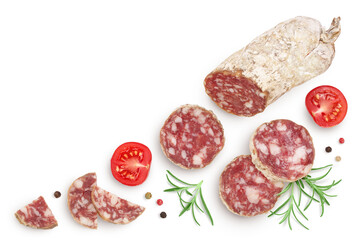 Cured salami sausage slices isolated on white background. Italian cuisine with full depth of field....