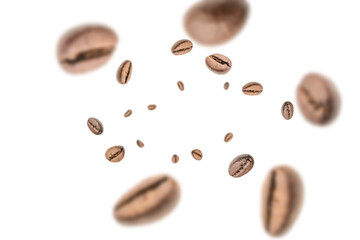 Coffee falling bean background. Black espresso coffee bean flying on white. Aromatic grain fall isolated. Represent breakfast for energy and freshness concept.