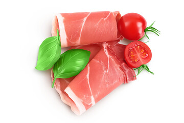 Italian prosciutto crudo or spanish jamon. Raw ham isolated on white background with full depth of field. Top view. Flat lay
