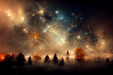 Fototapeta na wymiar 3d illustration of magical fireworks and sparkling lights. 