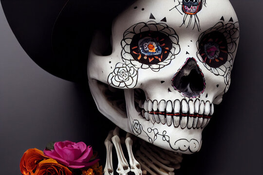 3d Illustration Of A Sugar Skull With Colorful Roses. 