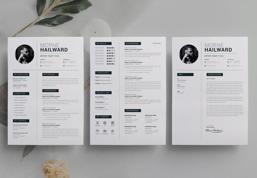 Minimal CV Layouts with Cover Letter Black & White Clean Accents
