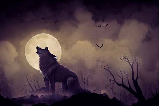 Horror digital art of a fantasy wolf howling at full moon. 