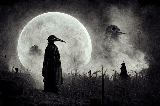Black and white illustration of a scary plague doctor at full moon. 
