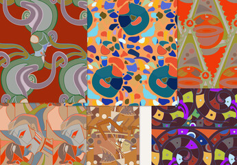 Set of Abstract Seamless Patterns with Cubism Art Elements and Graffiti Wall Style