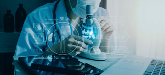 Medicine doctor or pharmacist use tablet or mobile phone.Health care and medical or Health Insurance concept.