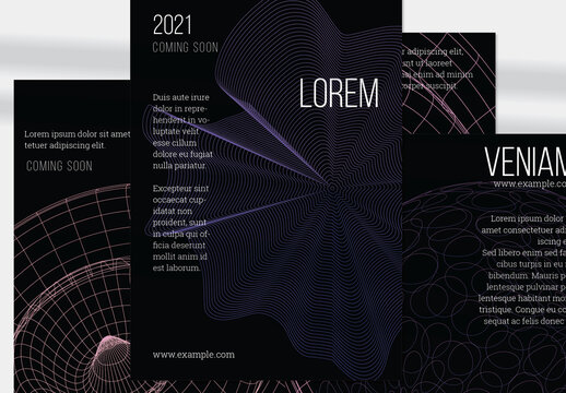 Flyer Layouts with Geometric Wireframe Shapes on Black