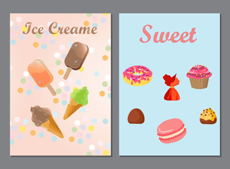 A set of two posters, leaflets with inscriptions - ice cream and sweets, on beautiful backgrounds, ice cream-waffle cone, chocolate-covered popsicle and sweet confectionery