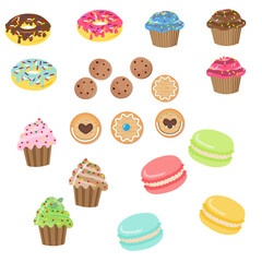 A set of various confectionery products - cookies, cakes, cupcakes, can be used for leaflets, postcards, menus, greetings and covers, vector illustration