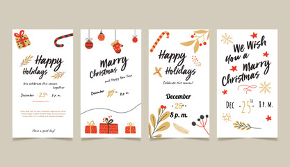 Christmas Template for social networks, story. Xmas background with hand-drawn gift boxes, color balls and branches. Vertical New Year banner, poster, greeting card, Advertising flyer brochure © Jasinski