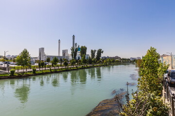 
Tashkent, Uzbekistan - September 13, 2022: the new Minor Mosque of white marble on the banks of the Ankhor Cana