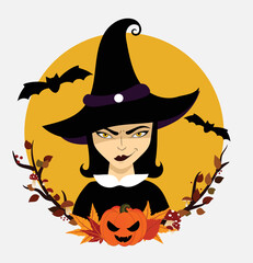 cute Halloween witch with a mischievous eyes and wicked smile with bats and pumpkin, surrounded with autumn fallen leaves and branches in front of a big yellow moon, eps 10