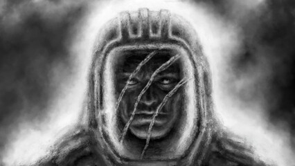 Helmeted head with glowing eyes. Dark illustration in horror fiction genre. Protective suit against viruses. Warrior of future. Gloomy soldier concept. Scary character art. Black and white background.
