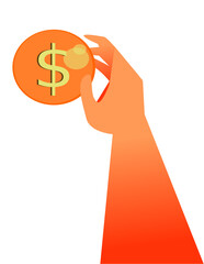 Money management , wealth management, financial planning, financial independence, loan or debt, cash or coin based economy, gold dollar money illustration, Hand reaching out for a gold coin.