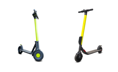 Kick electric city bike, lime urban scooter. Street motorcycle transport for business rider. Ecological transportation concept.