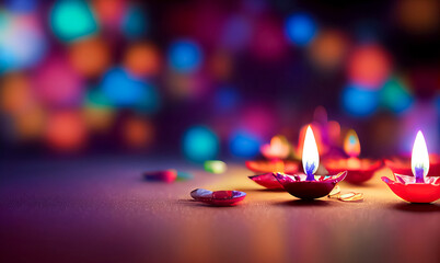 Happy Diwali - Lit diya lamp on street at night. Happy Diwali festival with oil lamp, Diwali holiday Background with rangoli, Diwali celebration greeting card. 3d render
