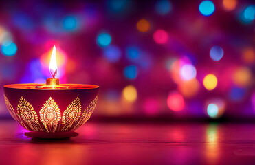 Happy Diwali - Lit diya lamp on street at night. Happy Diwali festival with oil lamp, Diwali holiday Background with rangoli, Diwali celebration greeting card. 3d render
