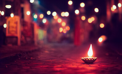 Happy Diwali - Lit diya lamp on street at night. Happy Diwali festival with oil lamp, Diwali holiday Background with rangoli, Diwali celebration greeting card. 3d render
