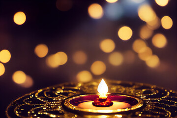 Happy Diwali - Lit diya lamp on street at night. Happy Diwali festival with oil lamp, Diwali holiday Background with rangoli, Diwali celebration greeting card. 3d render
