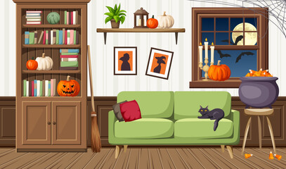 Living room decorated for Halloween. Halloween night interior. Vector cartoon illustration