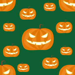 seamless pattern illustration of a pumpkin with glowing eyes on a dark background.  Halloween holiday concept, design for printing on paper, fabric, dishes, clothes.  signboard and promotional materia