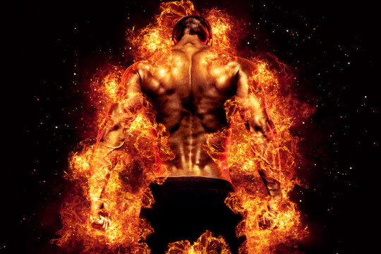 Burning muscular male bodybuilder back