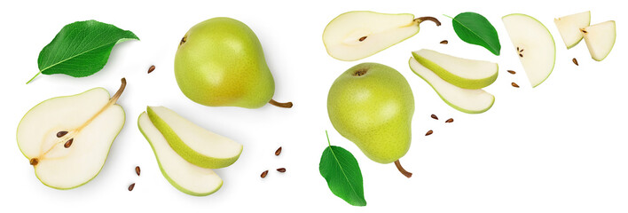 Green pear fruit with half and slices isolated on white background. Top view. Flat lay