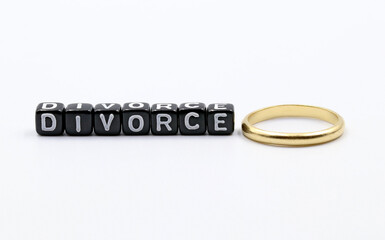 A golden wedding ring next to the word divorce