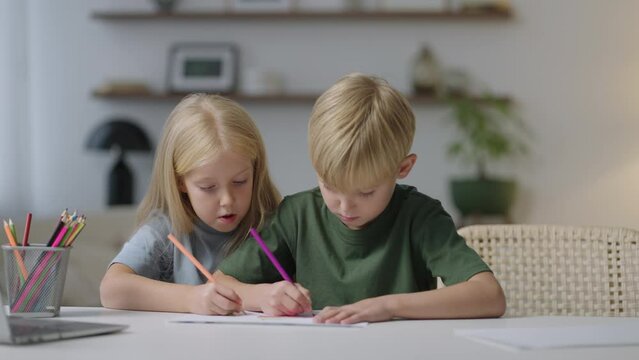 Cute Brother and sister studying together. Caucasian children or friends doing homework writing exercise distance learning. Diverse children home education.