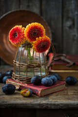 Gerbera flowers in a vase and plums on a wooden table. Vintage style.
