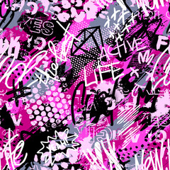 Abstract seamless chaotic pattern with urban graffiti words, scuffed and sprays. Grunge texture background. Wallpaper for girls. Fashion sport style