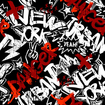 Abstract seamless chaotic pattern with graffiti words NEW YORK. Grunge texture background. Wallpaper for boys. Fashion urban  style 