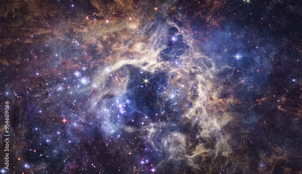Poster space with stars. galaxies and nebula. deep space. abstract collage from jwst. astronomy wallpaper. 