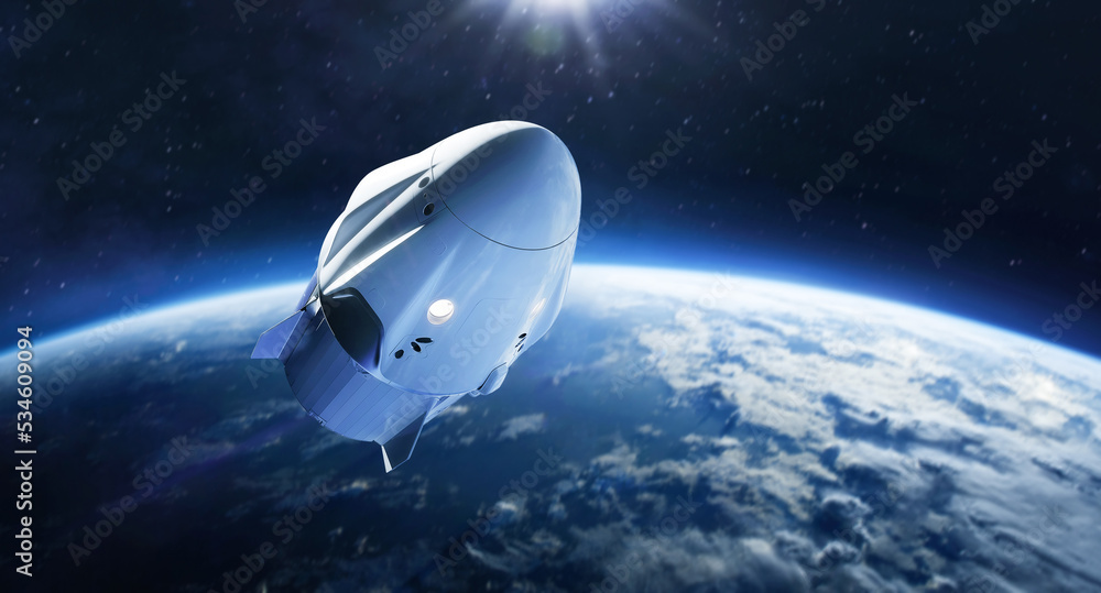 Leinwandbilder Spaceship in space. Shuttle with crew of astronauts on orbit of Earth. Expedition to International space station. Elements of this image furnished by NASA