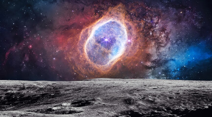 Moon surface and bright southern ring nebula in space. Lunar fantasy wallpaper. Galaxies and stars. Elements of this image furnished by NASA