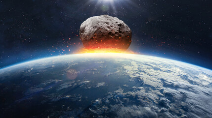 Collision of Earth planet and asteroid. Explosion on Earth. End of the world. Meteorite fall. Elements of this image furnished by NASA