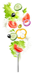 Creative layout made of tomato slice, onion, cucumber and lettuce leaves in the air with clipping path. Food concept. Vegetables isolated on white background.