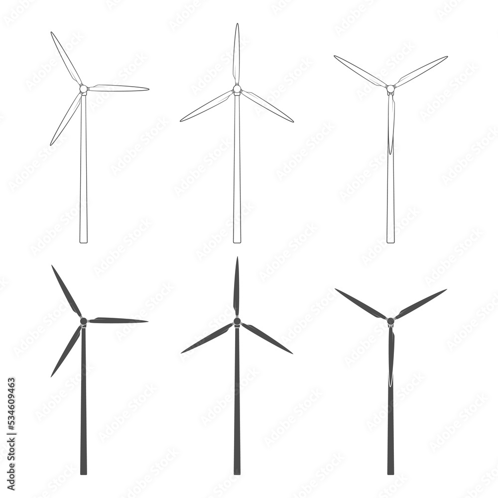 Poster set of black and white illustrations with a wind turbine, windmill. isolated vector objects on a whi