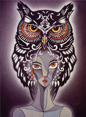 Cubist portrait of a girl with a owl