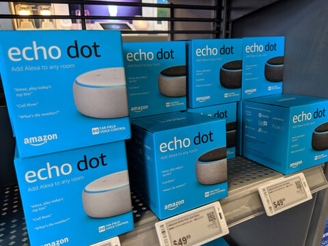 Echo Dot Smart speaker with Alexa for sell inside Best Buy store