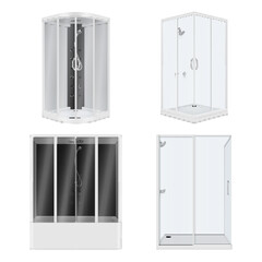 Shower cabins different size shape modern bathroom furniture set realistic vector illustration