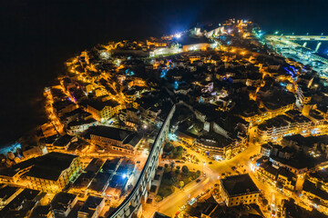 Aerial view the city of Kavala at night, in northern Greece